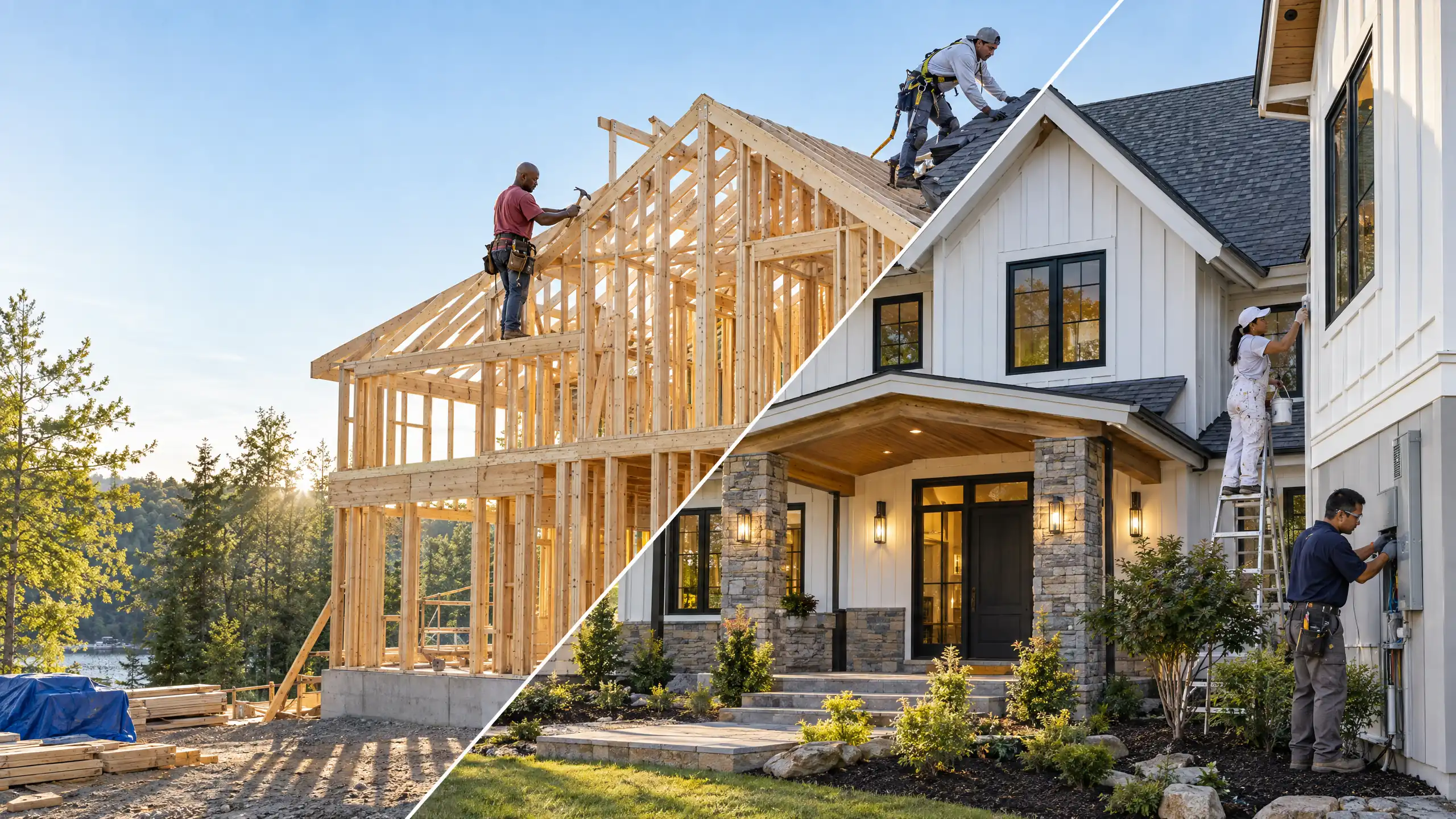 A house shown half as bare framing and half finished, with a framer, a roofer, a painter and an electrician at work