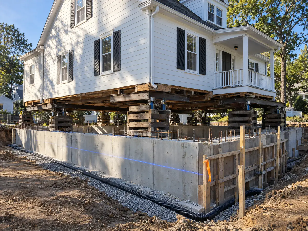 A finished house held up while a new foundation is poured beneath it
