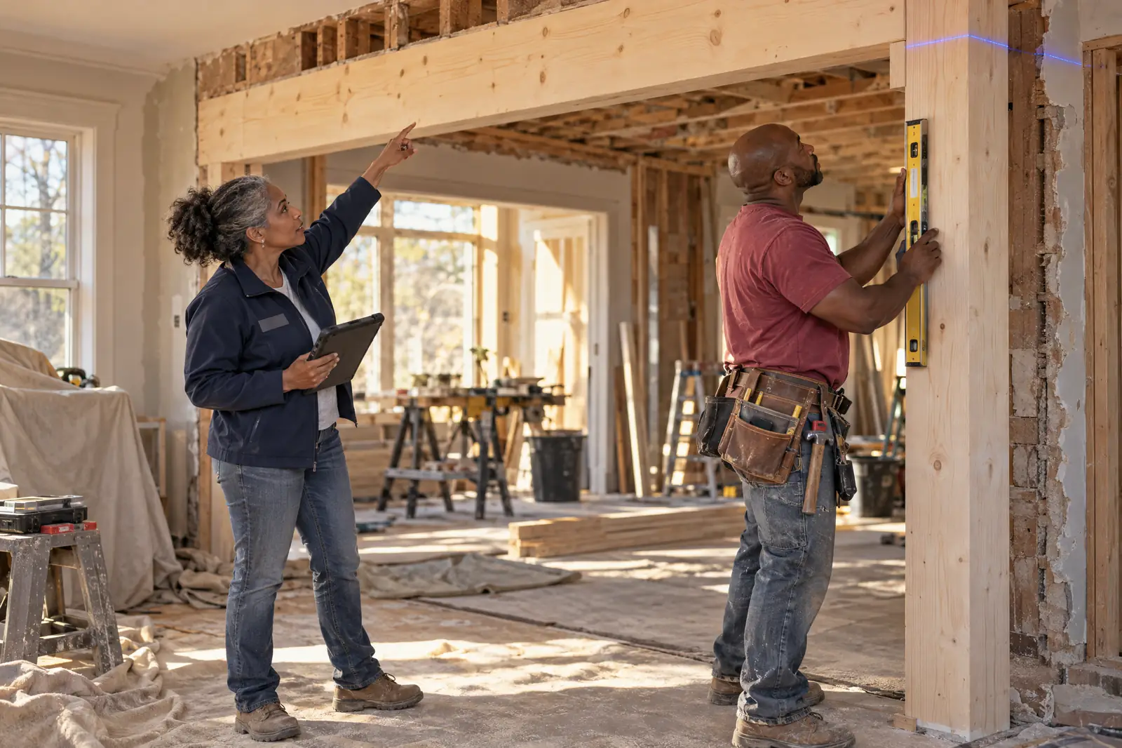 A builder with a tablet and a framer checking a new beam for level