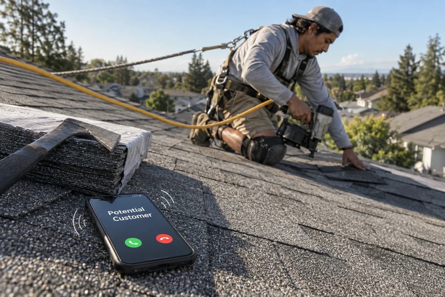 A roofer nailing shingles in his harness while his phone rings on the roof with a potential customer