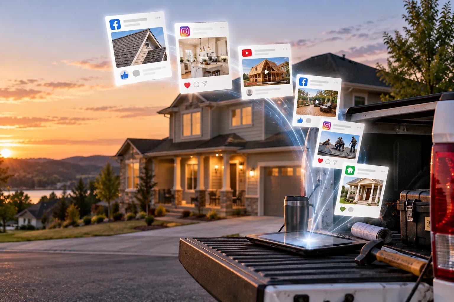 Facebook, Instagram, YouTube and Google posts of finished jobs rising from a tablet on a work-truck tailgate