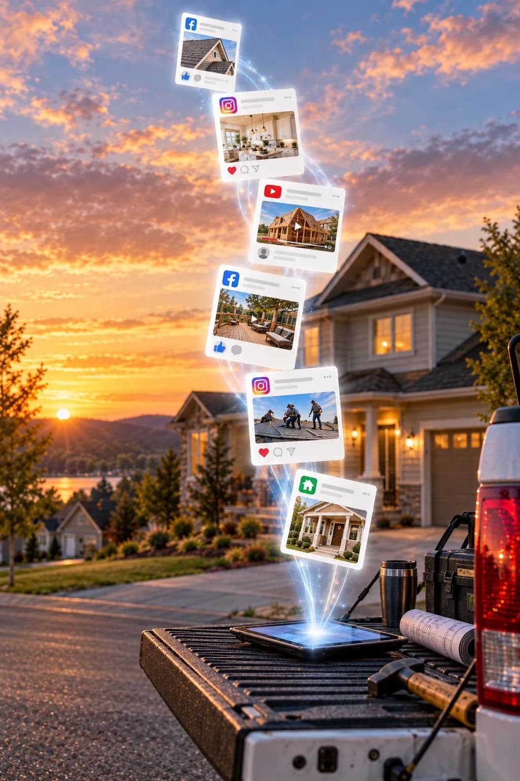 Facebook, Instagram, YouTube and Nextdoor posts of finished jobs rising from a tablet on a work-truck tailgate