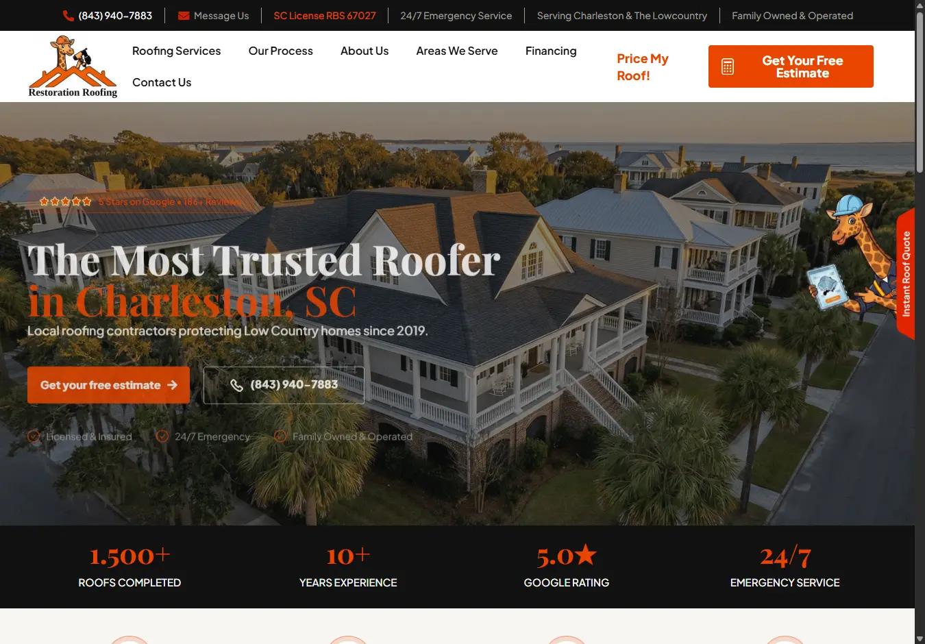 Restoration Roofing SC website homepage